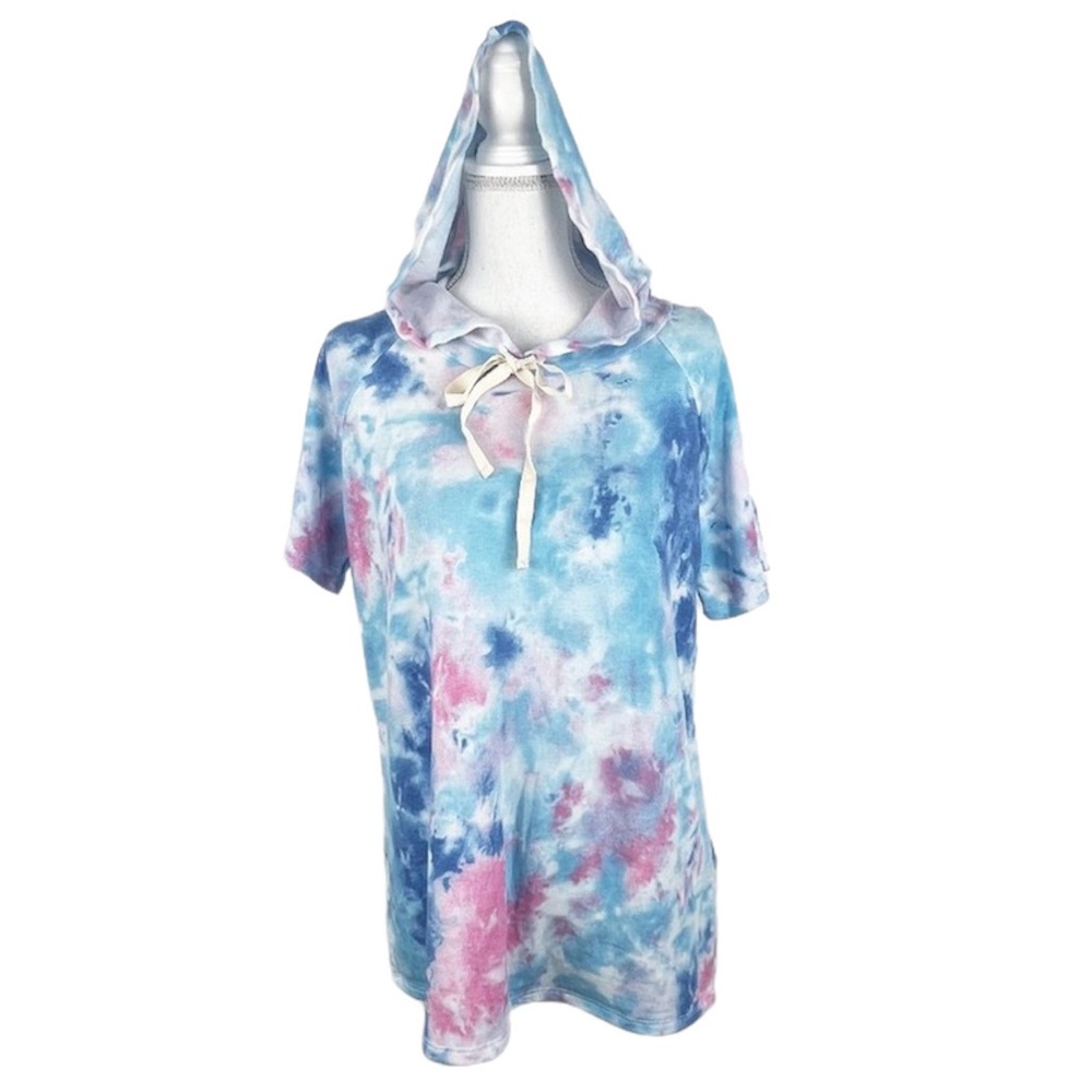 BIBI Blue Pink Short Sleeve Tie Dye Terry Hooded Shirt WOMEN'S MEDIUM